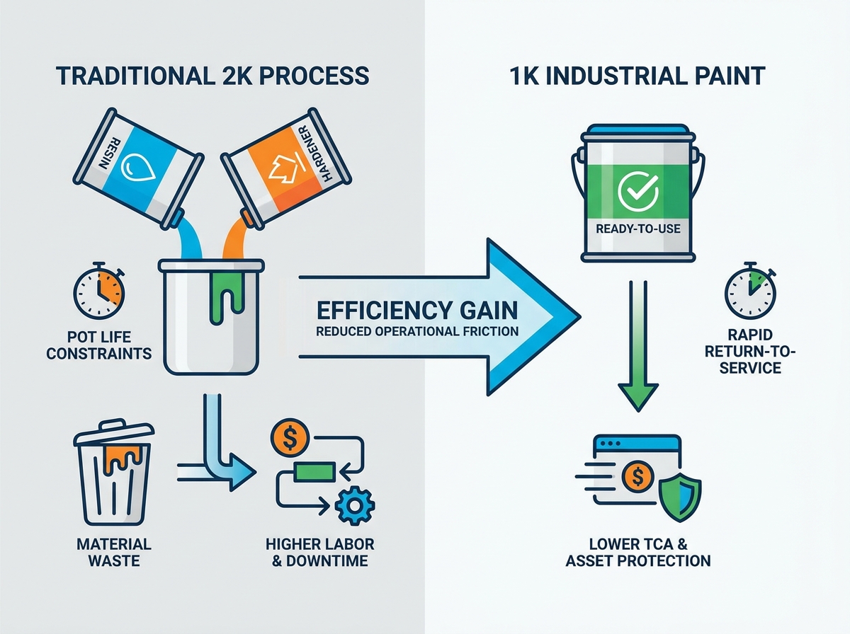 Industrial painter applying single-component coating to manufacturing equipment